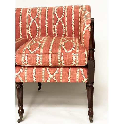 192 - SOFA, George III mahogany with terracotta cream trellis and stripe cotton upholstery and fluted supp... 