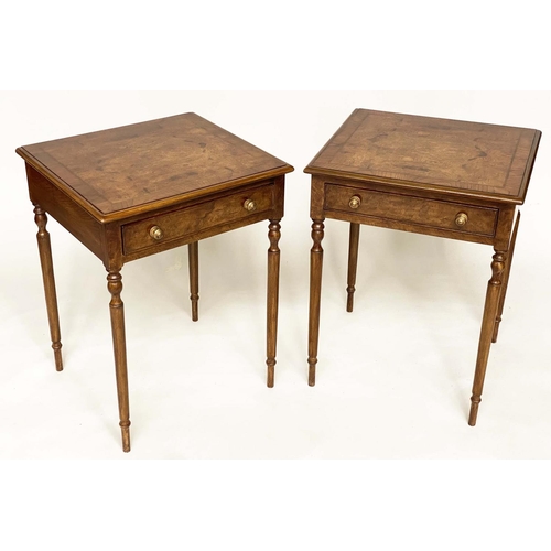 195 - LAMP TABLES, a pair, George III design, burr elm and yew crossbanded each with frieze drawer and tur... 