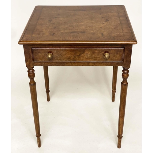 195 - LAMP TABLES, a pair, George III design, burr elm and yew crossbanded each with frieze drawer and tur... 