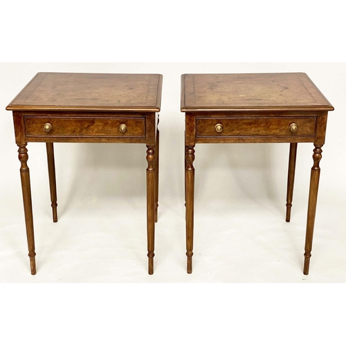 195 - LAMP TABLES, a pair, George III design, burr elm and yew crossbanded each with frieze drawer and tur... 