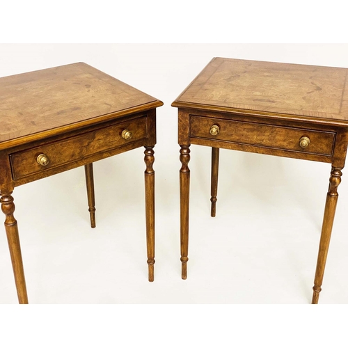 195 - LAMP TABLES, a pair, George III design, burr elm and yew crossbanded each with frieze drawer and tur... 