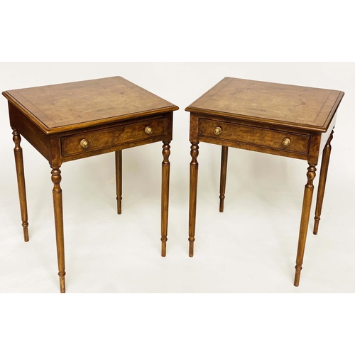 195 - LAMP TABLES, a pair, George III design, burr elm and yew crossbanded each with frieze drawer and tur... 