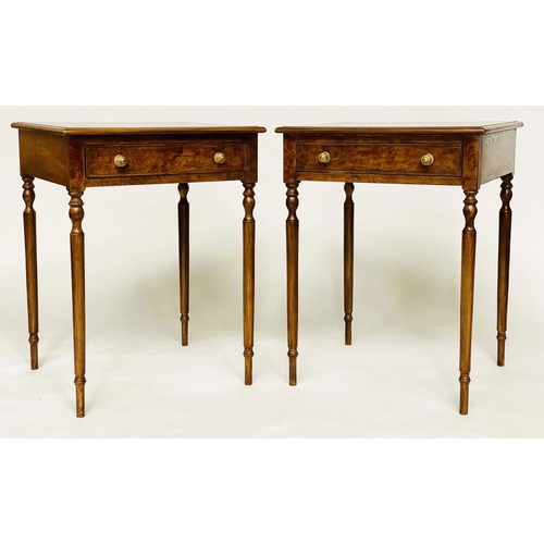 195 - LAMP TABLES, a pair, George III design, burr elm and yew crossbanded each with frieze drawer and tur... 