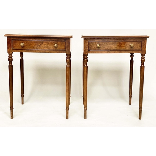 195 - LAMP TABLES, a pair, George III design, burr elm and yew crossbanded each with frieze drawer and tur... 