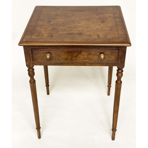 195 - LAMP TABLES, a pair, George III design, burr elm and yew crossbanded each with frieze drawer and tur... 