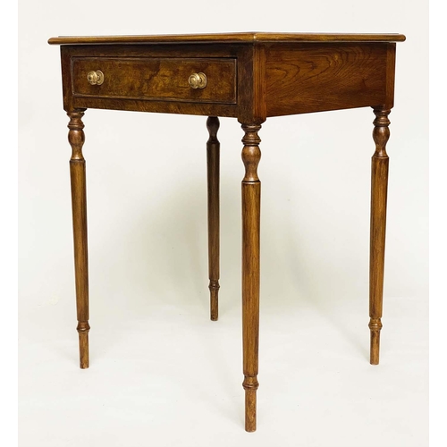 195 - LAMP TABLES, a pair, George III design, burr elm and yew crossbanded each with frieze drawer and tur... 