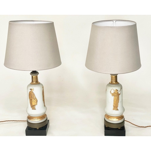 196 - TABLE LAMPS, a pair, opaline glass and gilt of vase form each with Grecian figure and plinth (with s... 