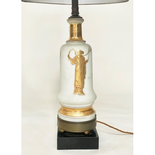 196 - TABLE LAMPS, a pair, opaline glass and gilt of vase form each with Grecian figure and plinth (with s... 