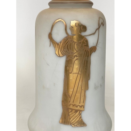 196 - TABLE LAMPS, a pair, opaline glass and gilt of vase form each with Grecian figure and plinth (with s... 