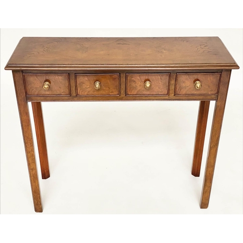 216 - HALL TABLE, George III design burr walnut and crossbanded with four frieze drawers and inner chamfer... 