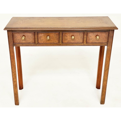 216 - HALL TABLE, George III design burr walnut and crossbanded with four frieze drawers and inner chamfer... 