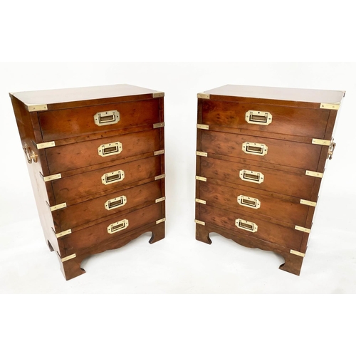 203 - CAMPAIGN STYLE CHESTS, 66cm H x 46cm W x 29cm D, a pair, yewwood and brass bound each with five draw... 