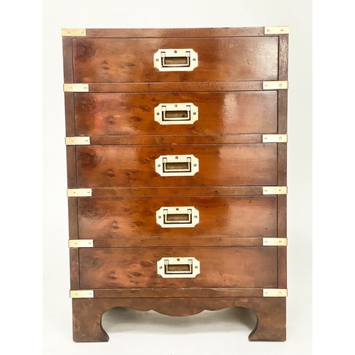 203 - CAMPAIGN STYLE CHESTS, 66cm H x 46cm W x 29cm D, a pair, yewwood and brass bound each with five draw... 