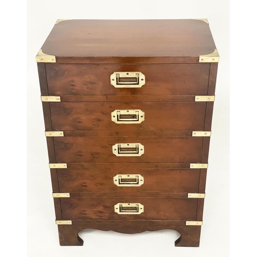 203 - CAMPAIGN STYLE CHESTS, 66cm H x 46cm W x 29cm D, a pair, yewwood and brass bound each with five draw... 