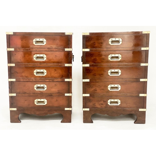 203 - CAMPAIGN STYLE CHESTS, 66cm H x 46cm W x 29cm D, a pair, yewwood and brass bound each with five draw... 