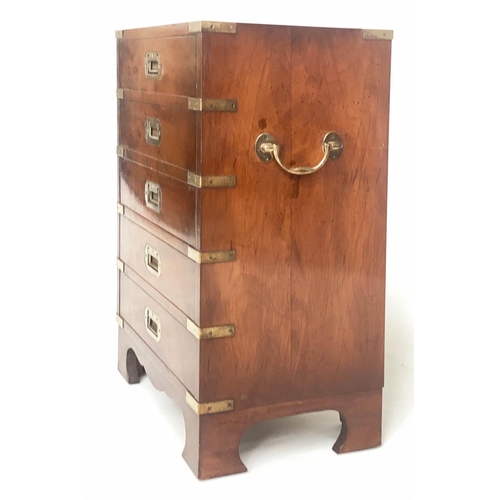 203 - CAMPAIGN STYLE CHESTS, 66cm H x 46cm W x 29cm D, a pair, yewwood and brass bound each with five draw... 