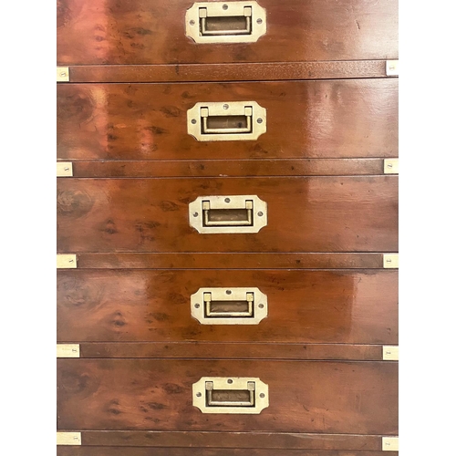 203 - CAMPAIGN STYLE CHESTS, 66cm H x 46cm W x 29cm D, a pair, yewwood and brass bound each with five draw... 