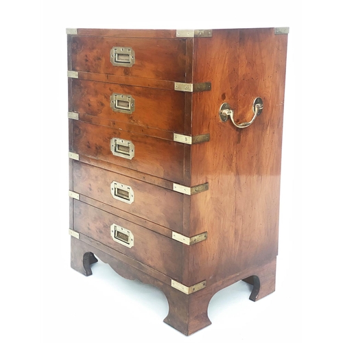 203 - CAMPAIGN STYLE CHESTS, 66cm H x 46cm W x 29cm D, a pair, yewwood and brass bound each with five draw... 