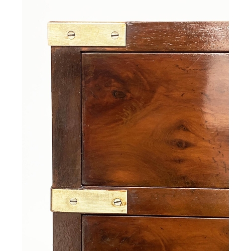 203 - CAMPAIGN STYLE CHESTS, 66cm H x 46cm W x 29cm D, a pair, yewwood and brass bound each with five draw... 