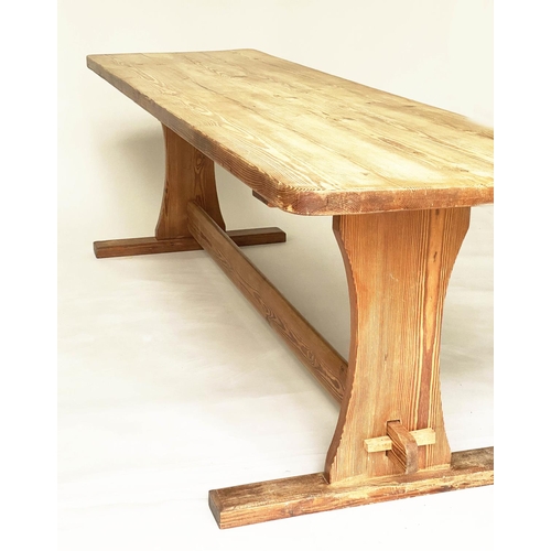 207 - HARVEST DINING TABLE, mid 20th century Oregon pine rectangular with trestle ends and stretcher suppo... 