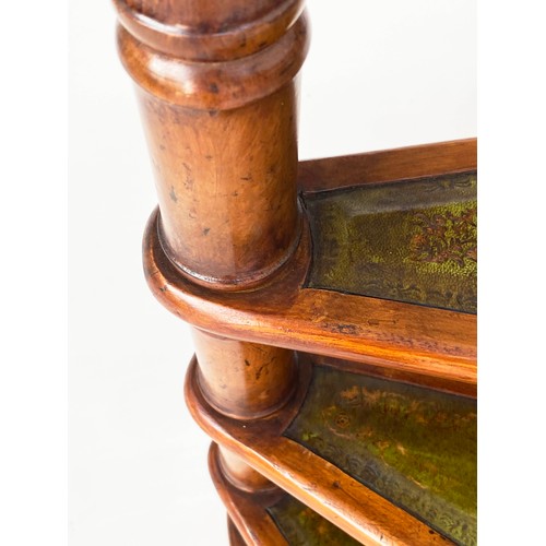 221 - LIBRARY STEPS, a set, Georgian style yewwood with four spiral gilt tooled leather trimmed steps and ... 