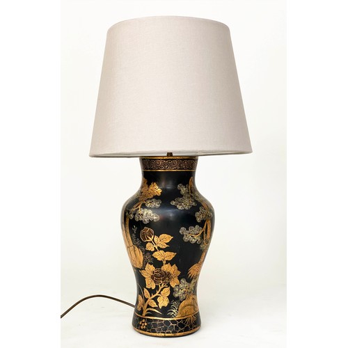 222 - TABLE LAMPS, a pair, vase form gilt polychrome chinoiserie decorated papier mâché, 79cm H. (2)