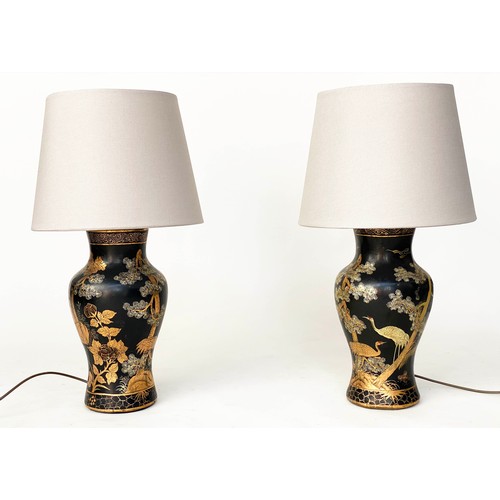 222 - TABLE LAMPS, a pair, vase form gilt polychrome chinoiserie decorated papier mâché, 79cm H. (2)