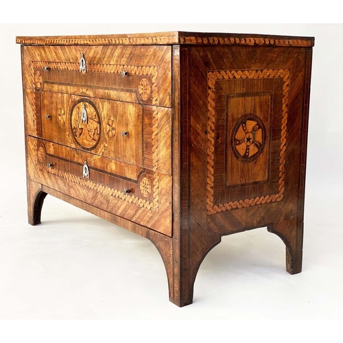 181 - NORTH ITALIAN COMMODE, 18th century Lombardy walnut and marquetry commode with three drawers, circa ... 