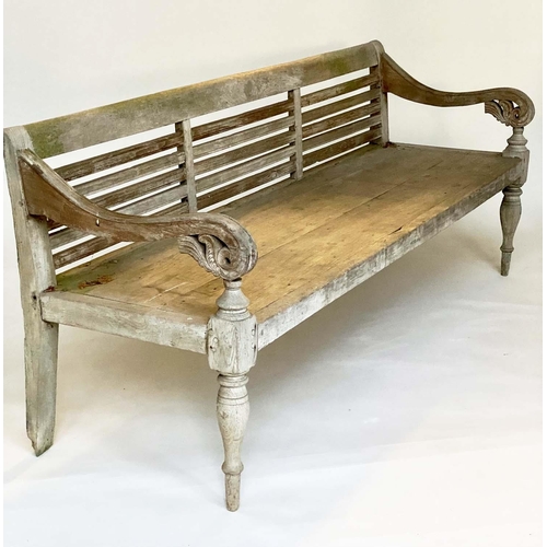 177 - BENCH, Swedish style weathered teak with scroll carved arms and turned front supports, 197cm W.