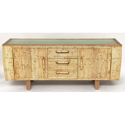 178 - 'ANGRAVES' SIDEBOARD, early 1960s bamboo with drawers flanked by cupboards and glass top by 'Angrave... 