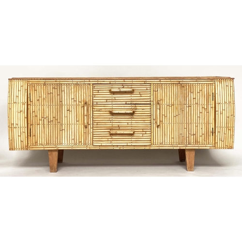 178 - 'ANGRAVES' SIDEBOARD, early 1960s bamboo with drawers flanked by cupboards and glass top by 'Angrave... 