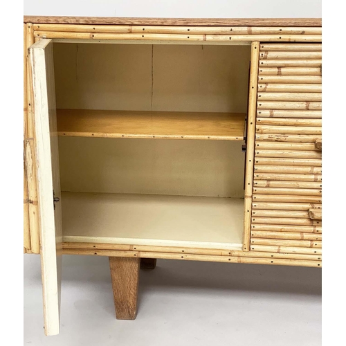 178 - 'ANGRAVES' SIDEBOARD, early 1960s bamboo with drawers flanked by cupboards and glass top by 'Angrave... 