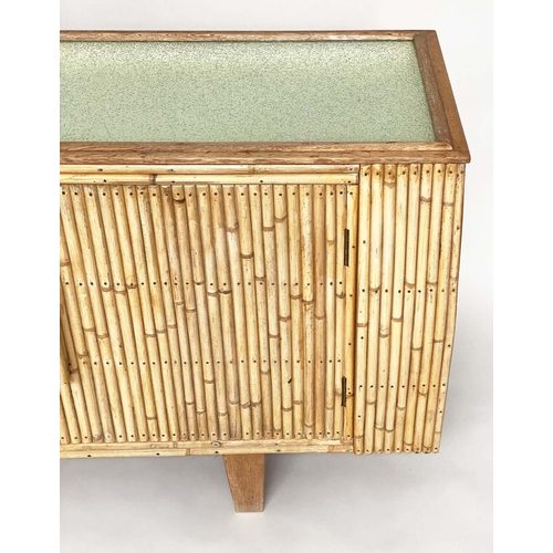 178 - 'ANGRAVES' SIDEBOARD, early 1960s bamboo with drawers flanked by cupboards and glass top by 'Angrave... 