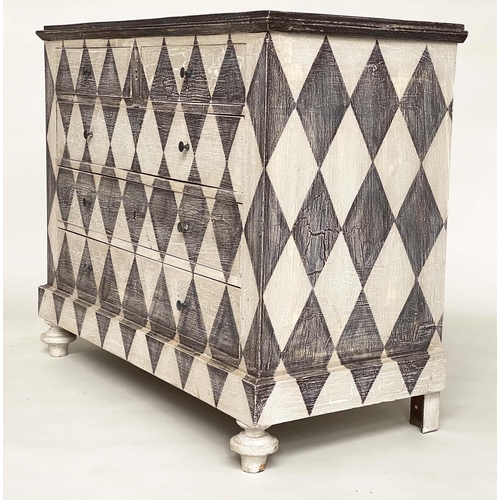 179 - HARLEQUIN COMMODE, 19th century Continental Craquelure Harlequin painted with four long drawers and ... 