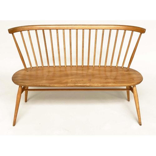 171 - 'ERCOL' HALL BENCH, 1970s beech and elm with slightly arched spindle-back attributed to 'Ercol', 115... 