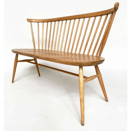 171 - 'ERCOL' HALL BENCH, 1970s beech and elm with slightly arched spindle-back attributed to 'Ercol', 115... 