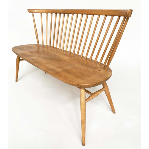 171 - 'ERCOL' HALL BENCH, 1970s beech and elm with slightly arched spindle-back attributed to 'Ercol', 115... 