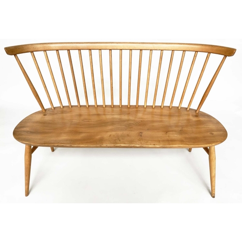 171 - 'ERCOL' HALL BENCH, 1970s beech and elm with slightly arched spindle-back attributed to 'Ercol', 115... 