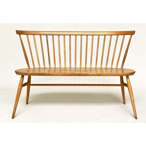 171 - 'ERCOL' HALL BENCH, 1970s beech and elm with slightly arched spindle-back attributed to 'Ercol', 115... 