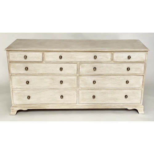 103 - LOW CHEST, George III design traditionally grey painted with nine drawers and bracket supports, 77cm... 