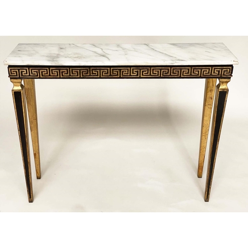 104 - ITALIAN CONSOLE TABLE, rectangular grey veined Carrara marble top above a black and gold Greek key f... 