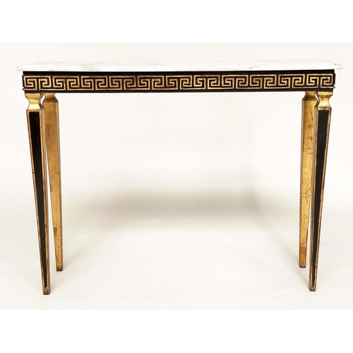 104 - ITALIAN CONSOLE TABLE, rectangular grey veined Carrara marble top above a black and gold Greek key f... 