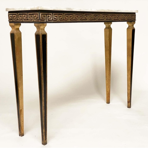 104 - ITALIAN CONSOLE TABLE, rectangular grey veined Carrara marble top above a black and gold Greek key f... 