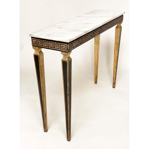 104 - ITALIAN CONSOLE TABLE, rectangular grey veined Carrara marble top above a black and gold Greek key f... 