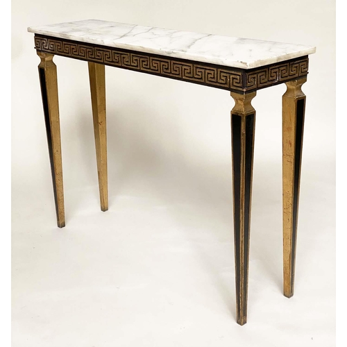 104 - ITALIAN CONSOLE TABLE, rectangular grey veined Carrara marble top above a black and gold Greek key f... 