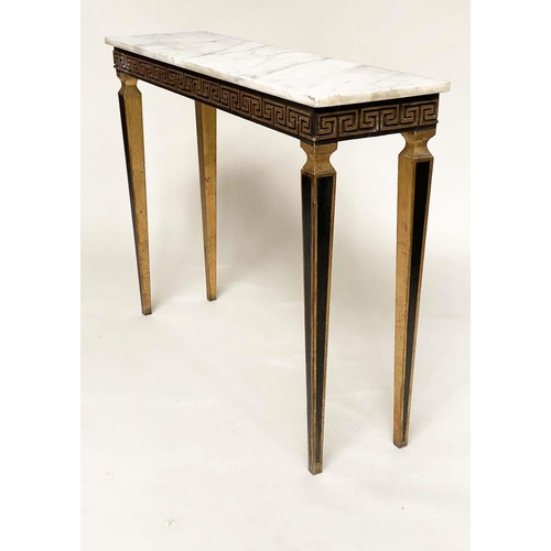 104 - ITALIAN CONSOLE TABLE, rectangular grey veined Carrara marble top above a black and gold Greek key f... 