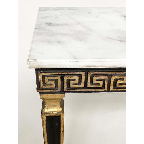 104 - ITALIAN CONSOLE TABLE, rectangular grey veined Carrara marble top above a black and gold Greek key f... 