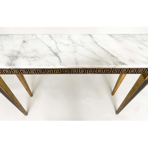 104 - ITALIAN CONSOLE TABLE, rectangular grey veined Carrara marble top above a black and gold Greek key f... 