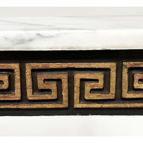 104 - ITALIAN CONSOLE TABLE, rectangular grey veined Carrara marble top above a black and gold Greek key f... 