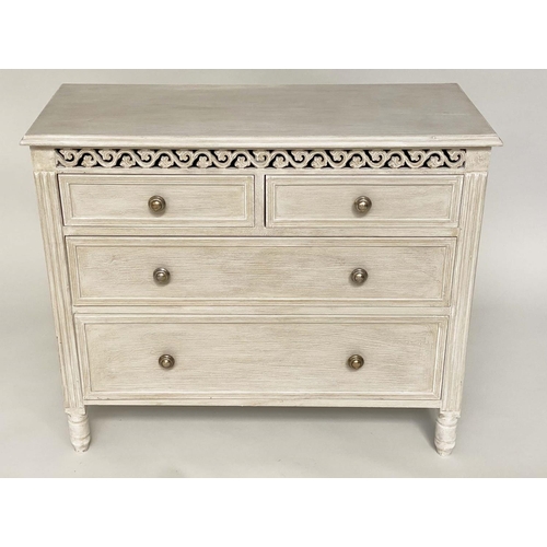 105 - COMMODE, French style grey painted with two short and two long drawers and pierced frieze, 90cm x 36... 